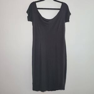 Vintage 90s large black off the shoulder midi dress slinky fabric goth minimalis